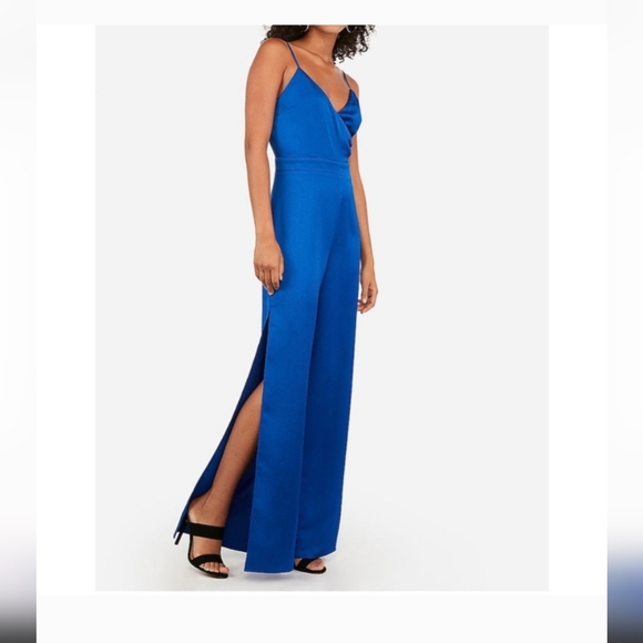 Satin Surplice Split Leg Jumpsuit in Celestial Blue - Picture 2 of 5